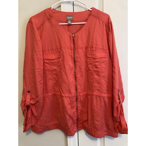 Chico's Jackets & Blazers - Chico's Womens lightweight zip up jacket size 3  - button sleeves - drawstring